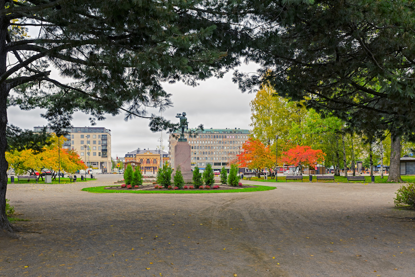 Central city park with autumn colour trees in Joensuu, Finland